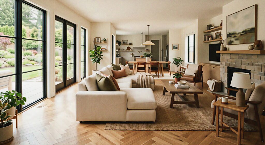 A beautiful open-concept living room with toasted almond herringbone engineered birch wood flooring and cozy seating.