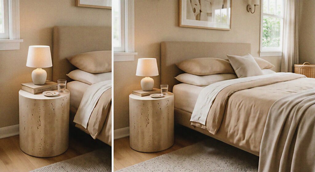A matte travertine stone side table used as a nightstand in a neutral tan bedroom.