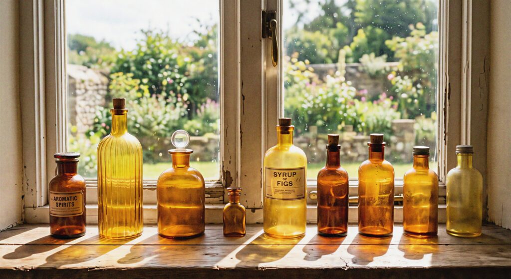 A collection of vintage amber and yellow glass bottles arranged on a sunny wooden windowsill, casting warm shadows.
