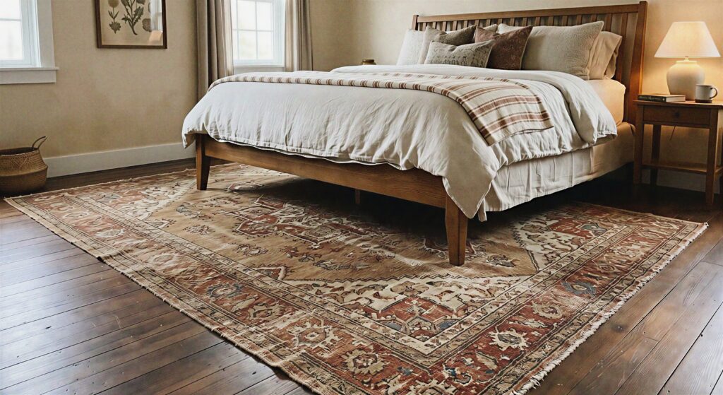 A faded, vintage-style area rug with tan and rust tones placed under a bed.
