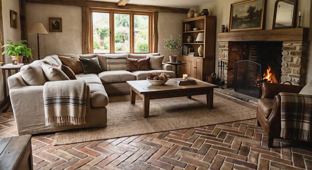  Rustic living room featuring antique reclaimed brick pavers laid in a beautiful herringbone pattern with plush furniture. 