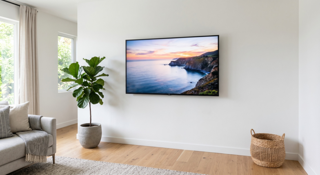 A flat-screen TV mounted on a white wall with no media console underneath.