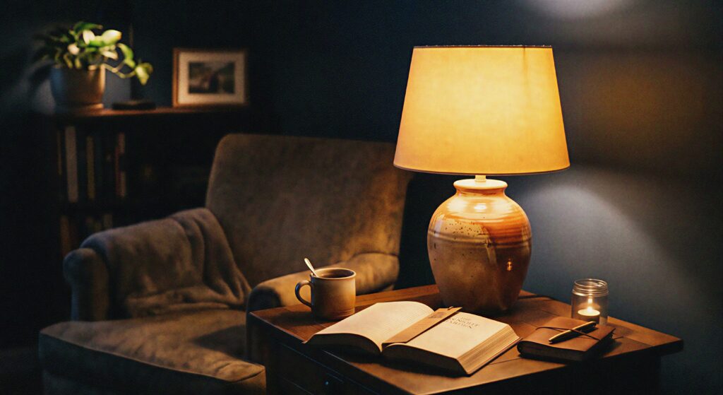 A ceramic table lamp with a cream shade emitting a warm, golden 2700K glow onto a living room side table at night.