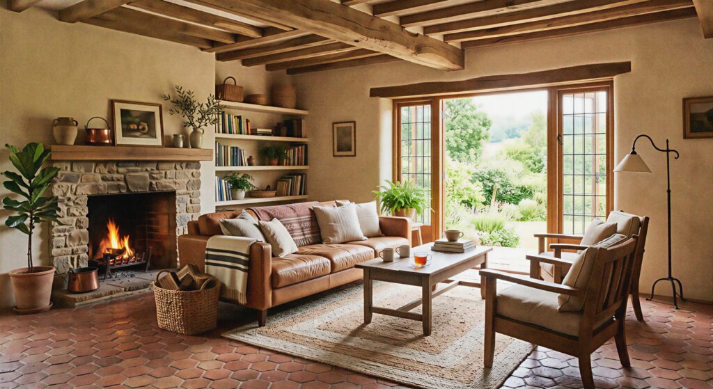 Earthy living room featuring warm terracotta hexagonal brick flooring paired with rustic wood ceiling beams. 
