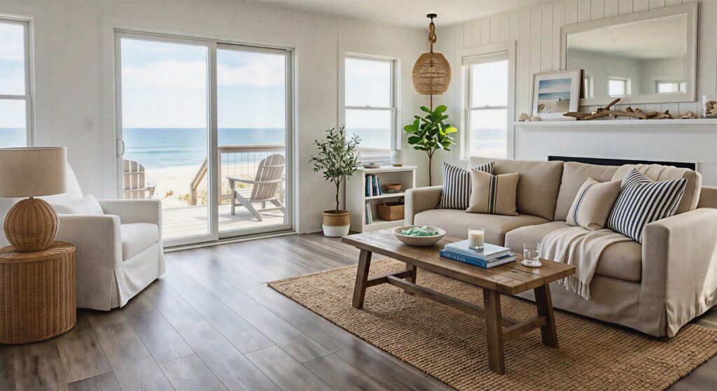 Bright coastal living room displaying waterproof weathered driftwood luxury vinyl plank flooring with casual furniture. 