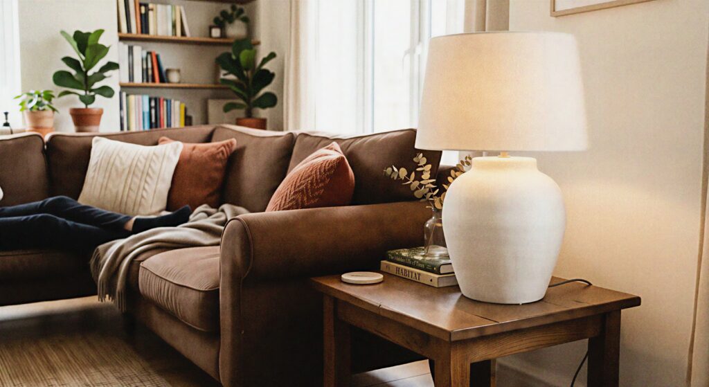 A large matte white ceramic table lamp on a side table next to a brown sofa.