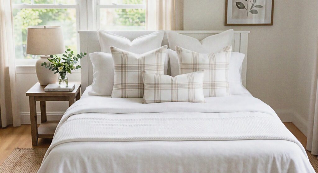 White and tan windowpane plaid accent pillows arranged neatly on a bed.