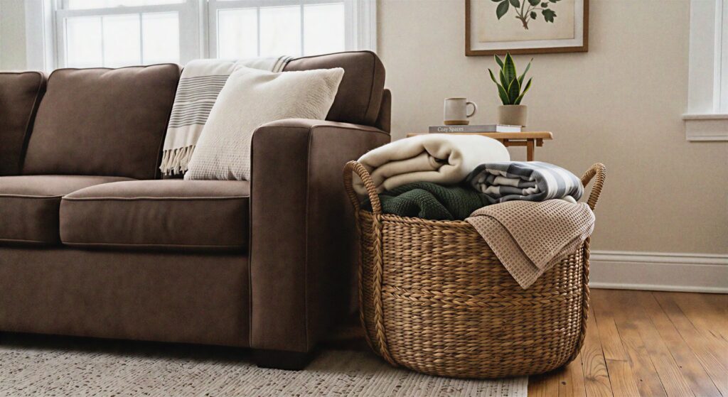  A large woven seagrass basket filled with blankets sitting next to a brown couch.