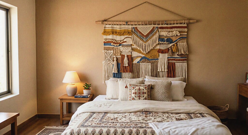  A large woven yarn fiber art tapestry hanging on a warm tan bedroom wall above a bed.