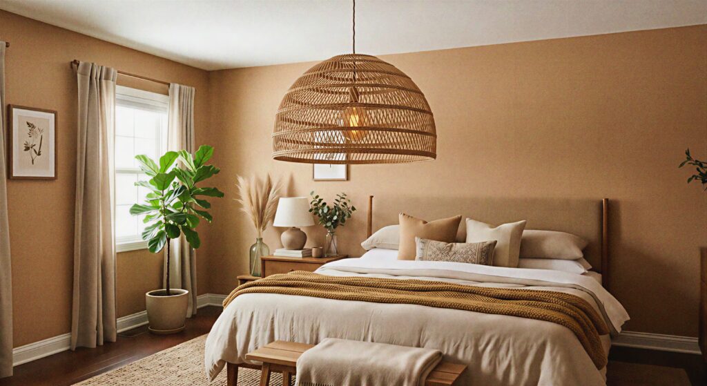  A large woven rattan pendant light hanging over a bed in a warm tan bedroom.