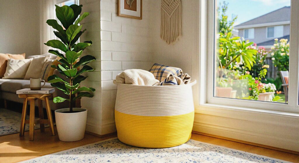 A large coiled cotton rope storage basket with a bright yellow bottom half sitting in a sunny living room corner.