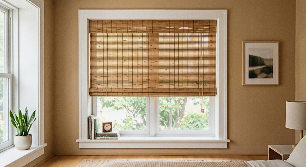 A bedroom window fitted with natural woven bamboo wood shades against tan walls.