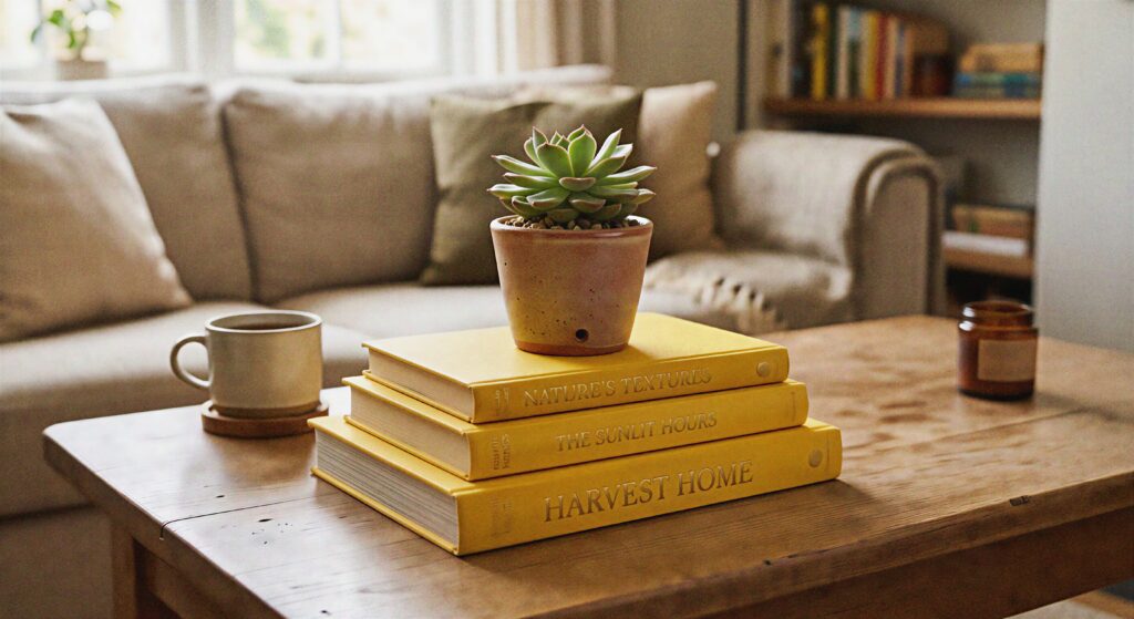 A stack of three yellow hardcover books sitting horizontally on a coffee table with a small green potted plant on top.
