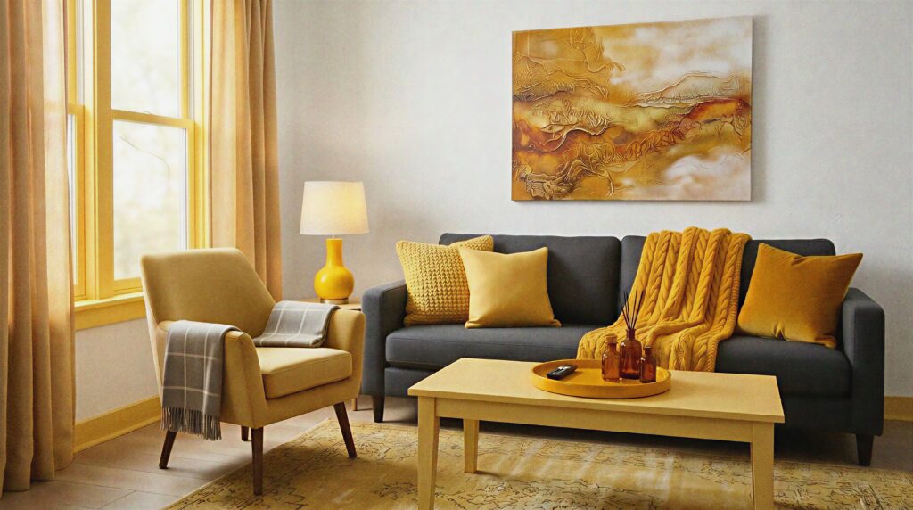 A professional, premium featured image of a modern living room interior. The scene features a grey sofa accented with a mustard yellow velvet pillow and a chunky marigold knit blanket. Next to a sunlit window with ochre linen drapes sits a sophisticated yellow armchair with a grey throw. Above the sofa, an abstract gold, copper, and earthy-toned textured canvas artwork hangs on a clean white wall, creating a luxurious and inviting atmosphere.