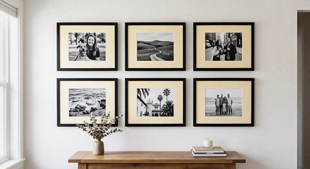  A grid of six black picture frames on a white wall featuring black-and-white photos framed by pale yellow mats.
