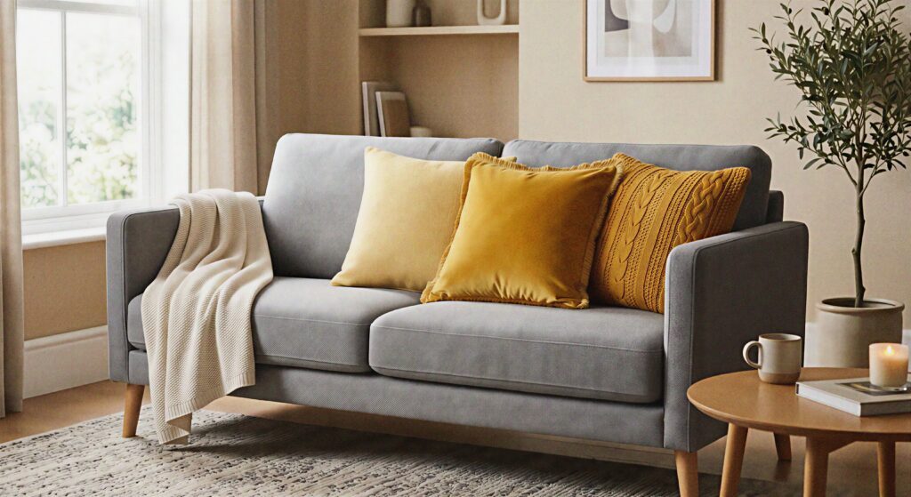 A modern grey fabric sofa styled with three different textured yellow throw pillows in butter, gold, and ochre shades.