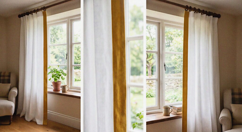 White linen curtain panels hanging by a window featuring a wide mustard yellow ribbon trim glued along the inner edges.