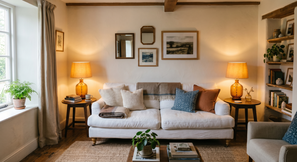 Twin amber glass table lamps sitting on end tables flanking a long white linen sofa, casting a warm golden light.