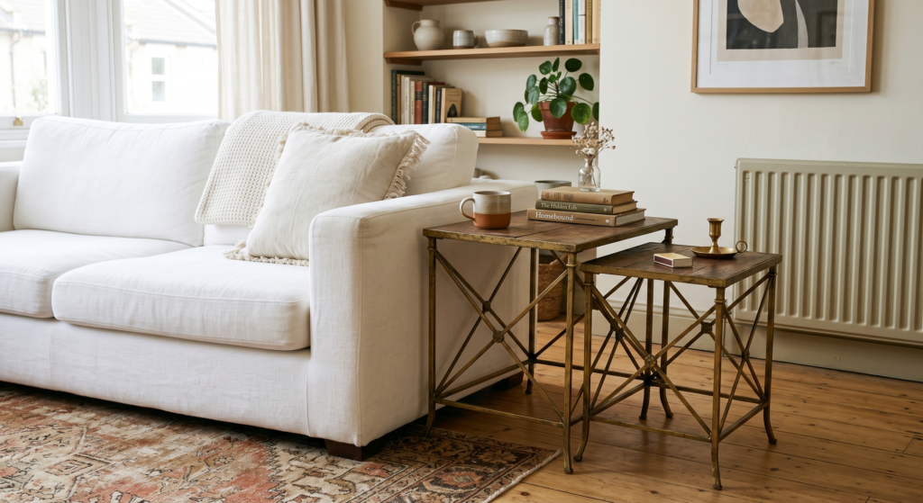 Two plush amber-colored velvet throw pillows arranged neatly on a modern white linen living room sofa.