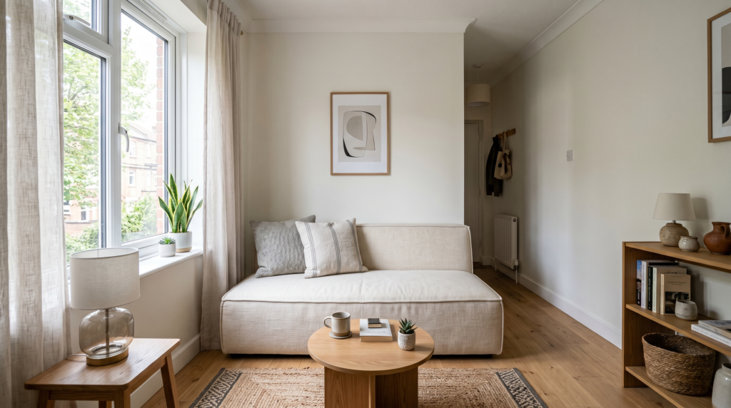 A modern armless sofa upholstered in cream linen fabric sitting in a narrow bright room.