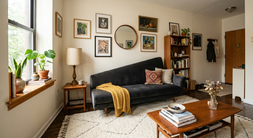 An artistic living room showcasing an asymmetrical black sofa with a sloping backrest on a cream rug.