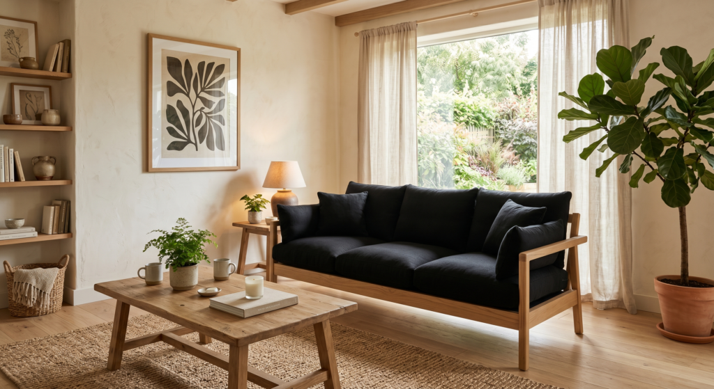 An organic modern living room featuring a black cushion sofa encased in a natural light oak frame.