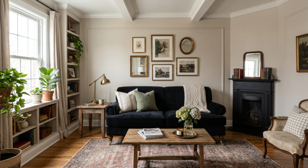 A transitional living room displaying a timeless black English roll arm sofa with brass wheel casters.
