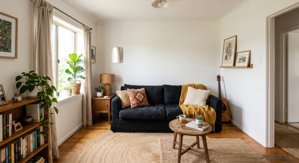 A casual living room with a black linen slipcovered couch surrounded by woven jute rugs and bright walls.