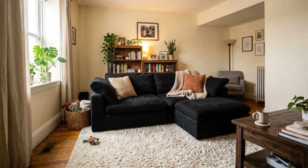 A cozy family room highlighting a deep black sofa with relaxed slouchy pillow top arms on a shag rug.
