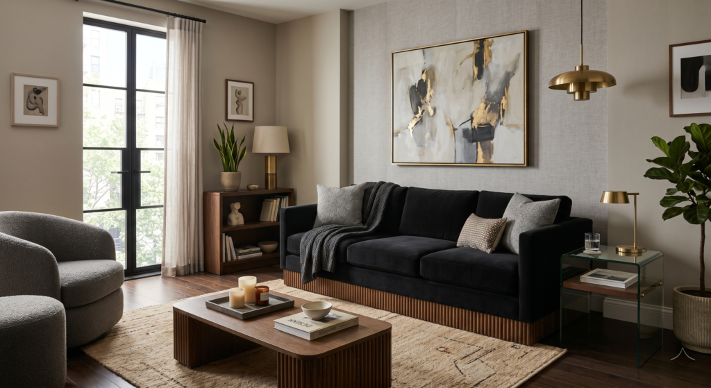A sophisticated living room highlighting a deep black sofa supported by a custom fluted dark oak base plate.