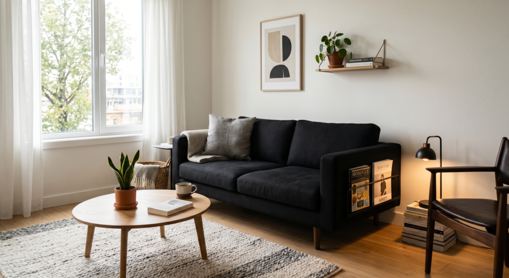 A minimalist living room showing a black sofa with built in matte iron magazine racks on the outer arm.