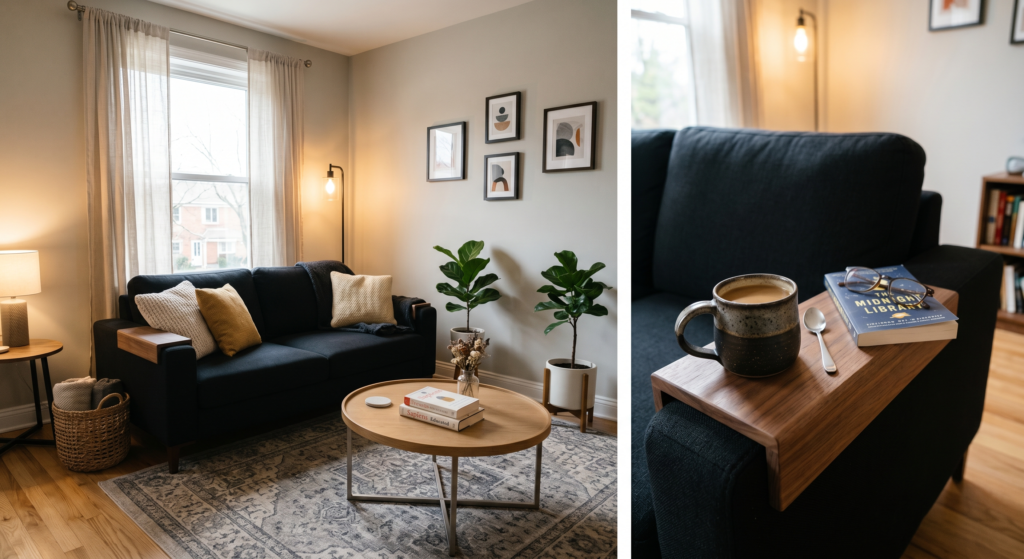 A contemporary black sofa featuring a built-in walnut wood ledge armrest holding a ceramic coffee mug.