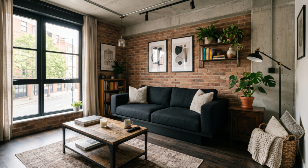 A modern industrial living room displaying a black sofa resting on a recessed matte metal plinth base.
