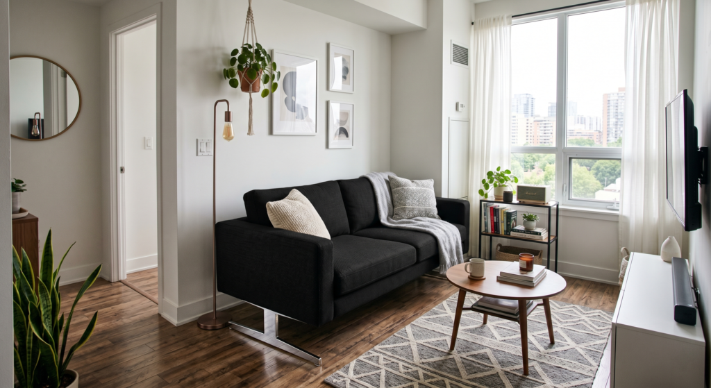 A crisp modern apartment displaying a black fabric couch supported by shiny polished chrome T-shaped legs.