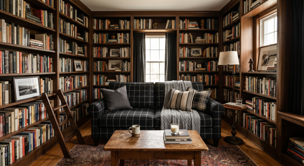 A handsome home library displaying a black fabric sofa detailed with a fine charcoal plaid overlap stitch.