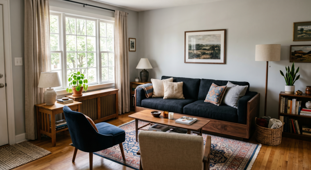 A transitional living room displaying a black fabric couch framed by a rich walnut wood base plinth.