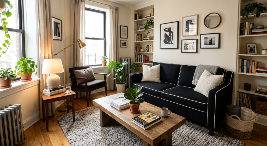 A tailored living room setup showcasing a sharp black sofa detailed with crisp white contrast piping.