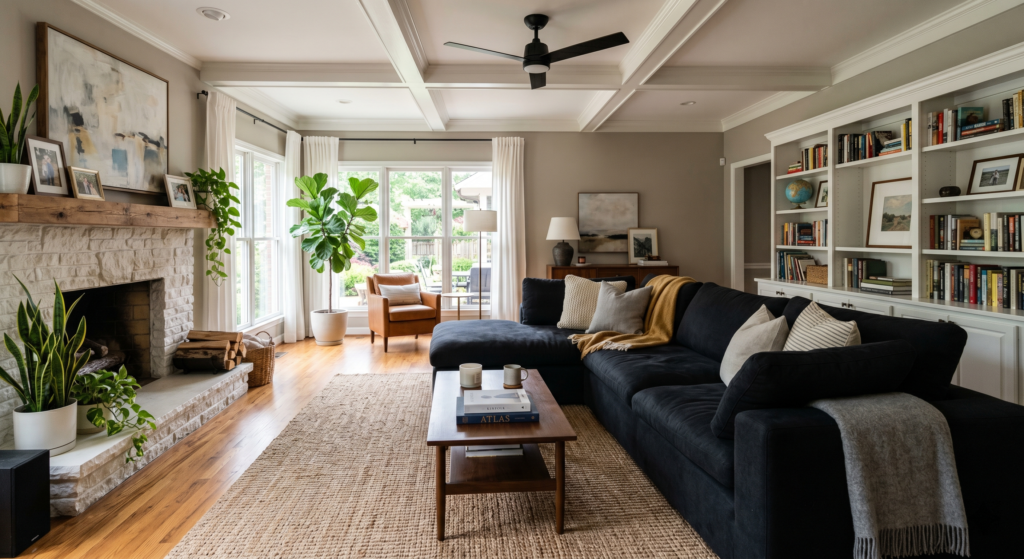 A spacious family room highlighting a large black sofa with wide feather filled track arms.