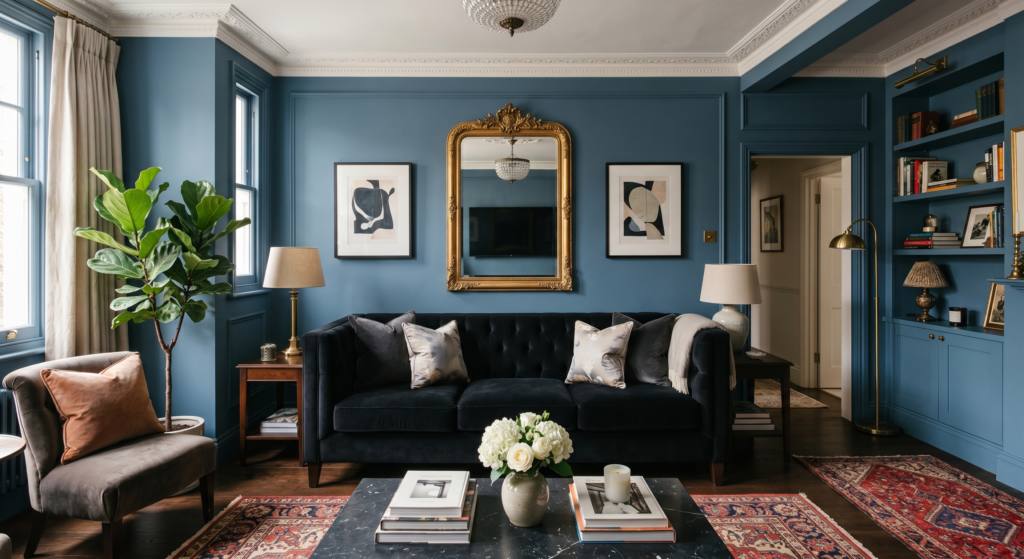 A formal living room featuring a black velvet tuxedo sofa with arms and back at equal height.