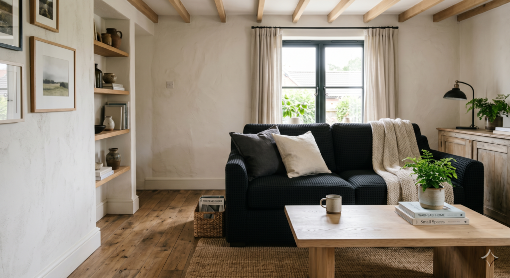 A modern rustic living room featuring a black sofa in an oversized waffle weave fabric near a pale oak table.