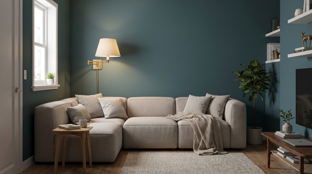 A brushed brass swing arm sconce mounted on a dark teal wall above a neutral sofa corner.
