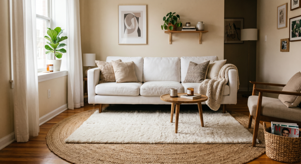 A slender brushed brass floor lamp casting a warm amber glow over a plush white linen living room sofa.