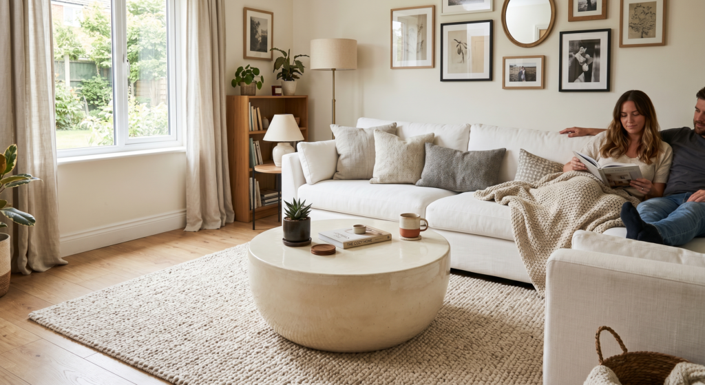 A slender brushed nickel pharmacy floor lamp casting targeted light onto one side of a white linen sofa.