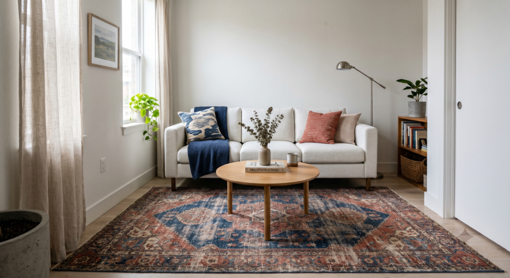 A rich caramel leather stool with exposed stitching standing next to a plush white living room sofa on a light oak floor.