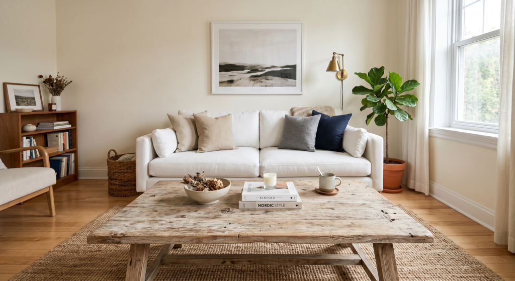 A dark charcoal gray herringbone fabric runner draped vertically over the lounge section of a white sectional sofa.