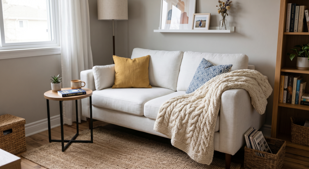 An ivory chunky cable-knit throw blanket draped casually over the arm of a modern white fabric sofa.
