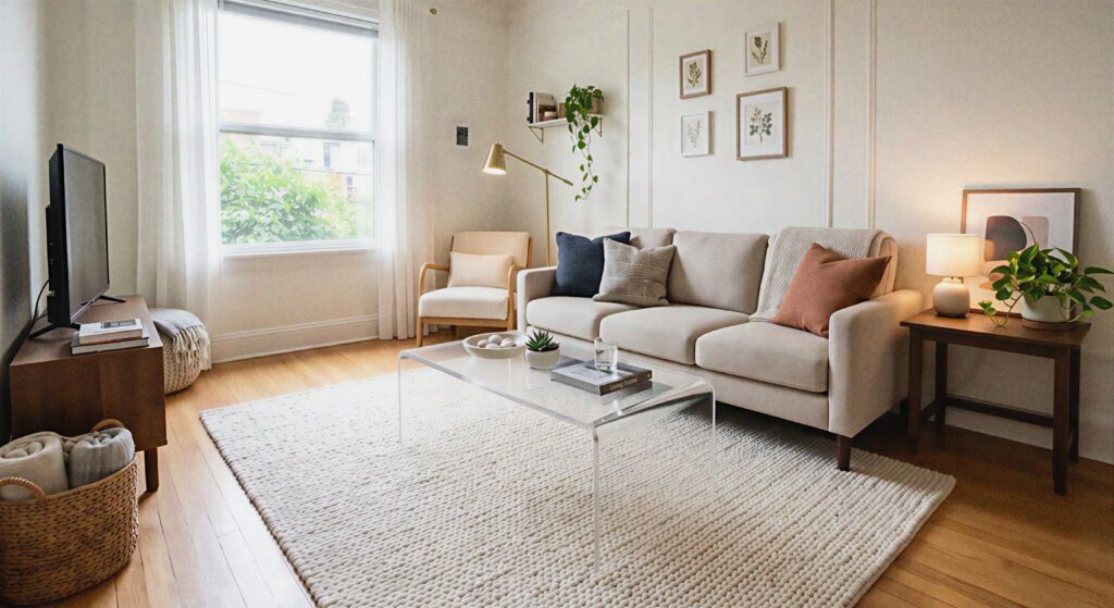 A clear lucite waterfall coffee table sitting on a textured cream rug in a small bright living room.