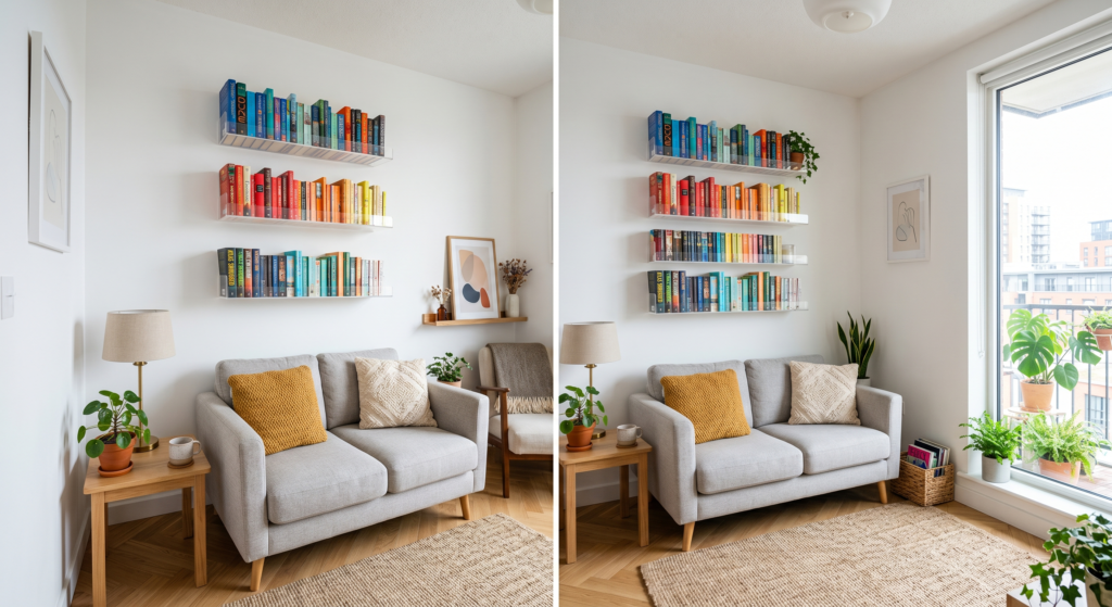 Clear acrylic floating bookshelves holding colorful books mounted on a bright white living room wall.