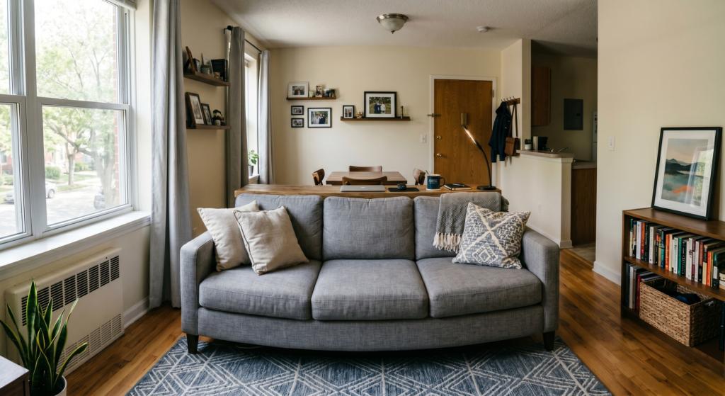 A long slim wooden console table placed behind a gray sofa serving as a laptop desk.