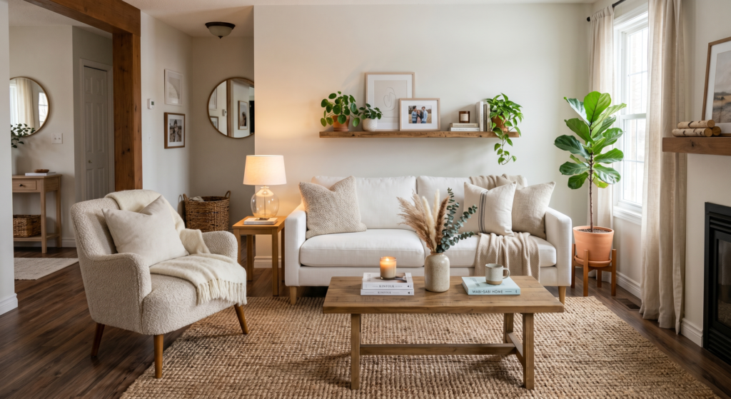 A cozy living room layout featuring a tailored white sofa paired with a textured oatmeal bouclé accent chair on a jute rug.